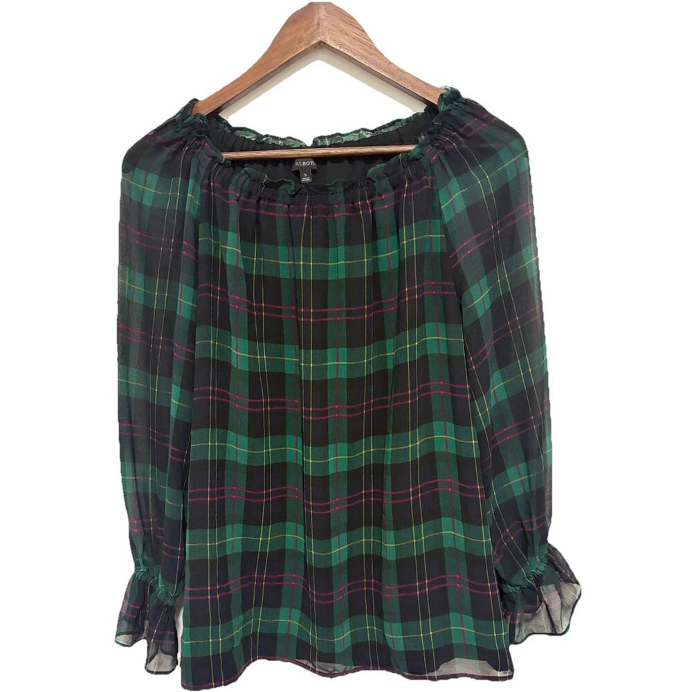 Talbots Plaid Peasant Blouse Womens Small Green Black Ruffle Sleeve Lined Top